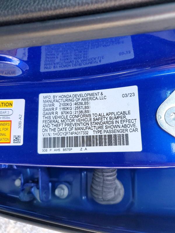 2023 Honda Accord მანქანა იყიდება აუქციონზე, vin: 1HGCY2F74PA017332, აუქციონის ნომერი: 68310566