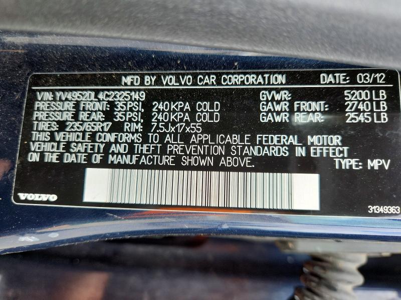 67510136 :رقم المزاد ، YV4952DL4C2325149 vin ، 2012 Volvo Xc60 مزاد بيع