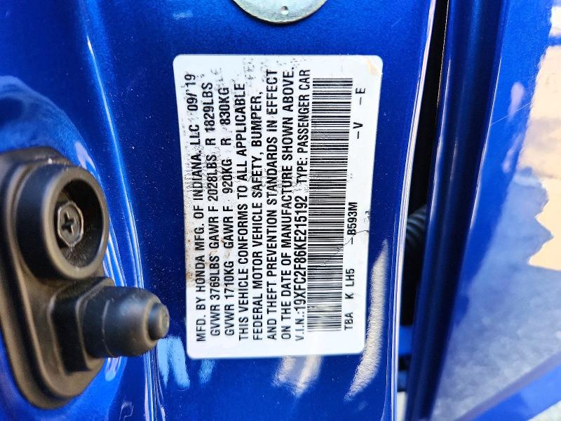 67540116 :رقم المزاد ، 19XFC2F86KE215192 vin ، 2019 Honda Civic مزاد بيع
