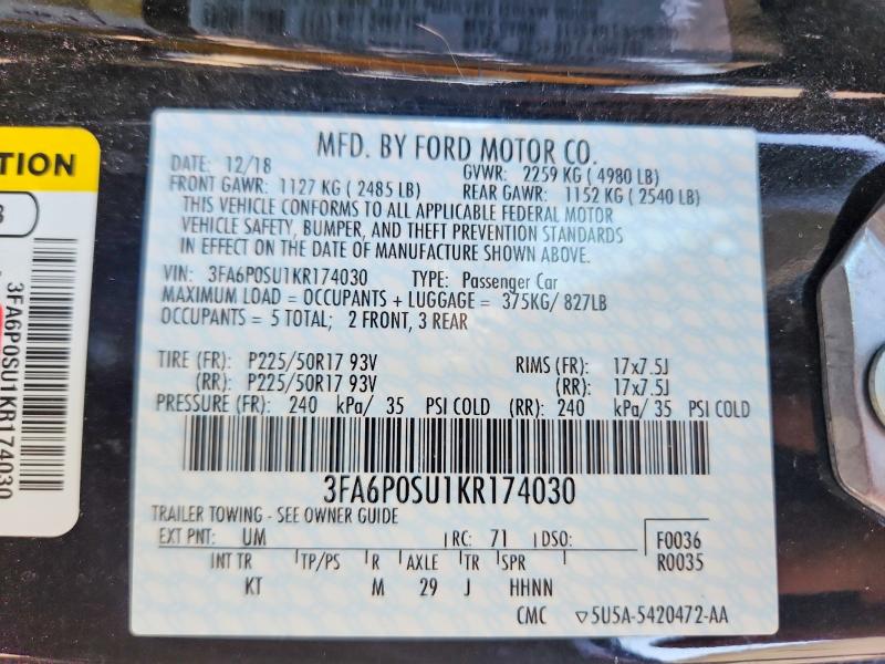 Продаж на аукціоні авто 2019 Ford Fusion, vin: 3FA6P0SU1KR174030, номер лоту: 69762406