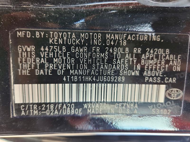 67449816 :رقم المزاد ، 4T1B11HK4JU609289 vin ، 2018 Toyota Camry مزاد بيع