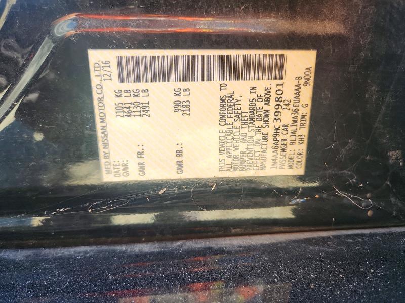 68001656 :رقم المزاد ، 1N4AA6AP9HC399801 vin ، 2017 Nissan Maxima مزاد بيع