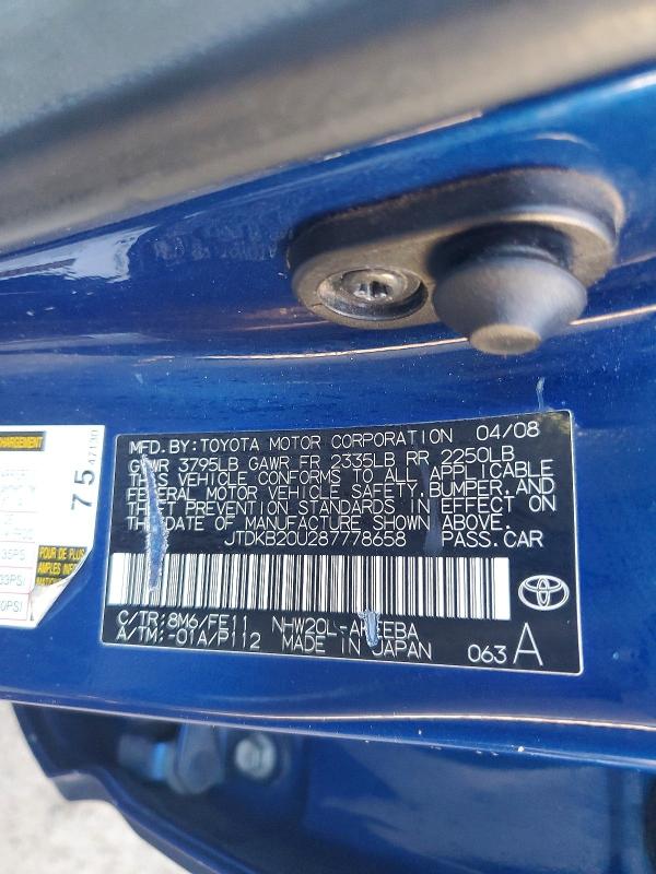 Aukcja sprzedaży 2008 Toyota Prius, vin: JTDKB20U287778658, numer aukcji: 69639066