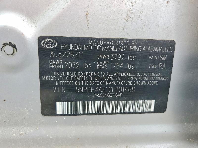 70049806 :رقم المزاد ، 5NPDH4AE1CH101468 vin ، 2012 Hyundai Elantra مزاد بيع