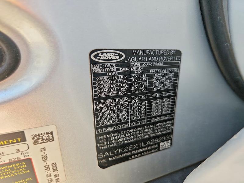 Aukcja sprzedaży 2020 Land Rover Range Rover Velar, vin: SALYK2EX1LA282333, numer aukcji: 67045456