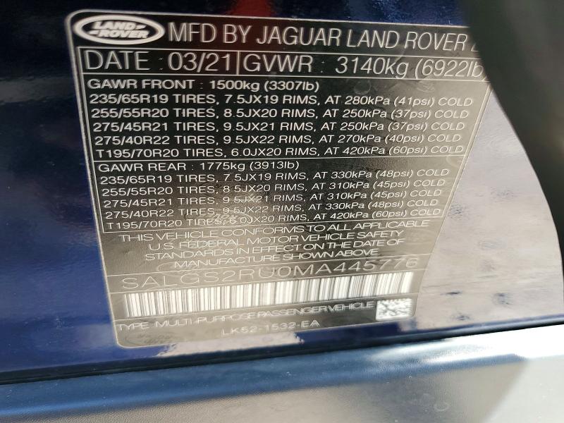 61379726 :رقم المزاد ، SALGS2RU0MA445776 vin ، 2021 Land Rover Range Rover مزاد بيع
