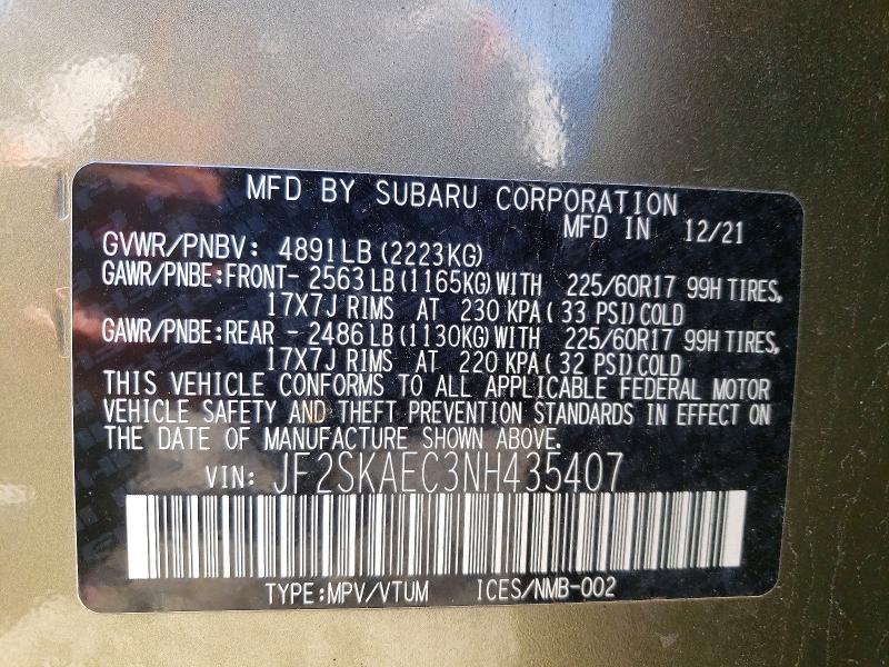 Aukcja sprzedaży 2022 Subaru Forester, vin: JF2SKAEC3NH435407, numer aukcji: 68541176