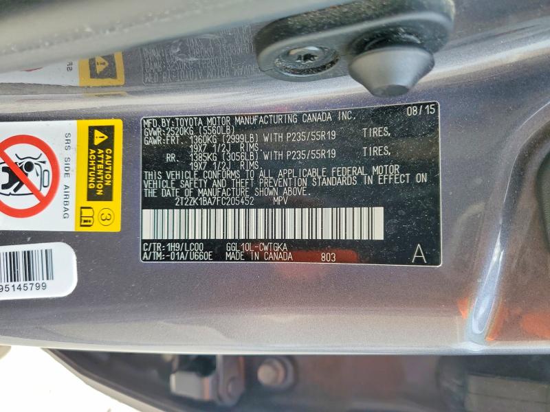 68182846 :رقم المزاد ، 2T2ZK1BA7FC205452 vin ، 2015 Lexus Rx 350 مزاد بيع