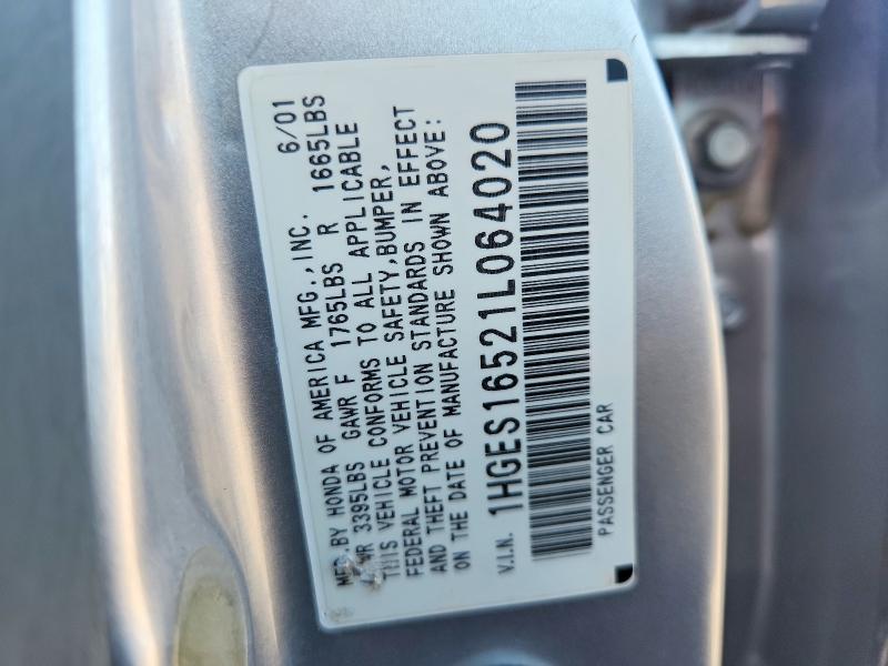 2001 Honda Civic მანქანა იყიდება აუქციონზე, vin: 1HGES16521L064020, აუქციონის ნომერი: 67340606