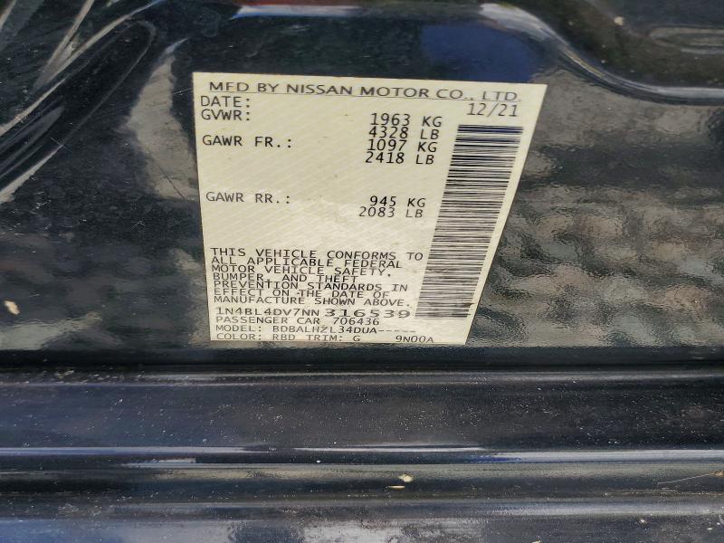 2022 Nissan Altima მანქანა იყიდება აუქციონზე, vin: 1N4BL4DV7NN316539, აუქციონის ნომერი: 70161306