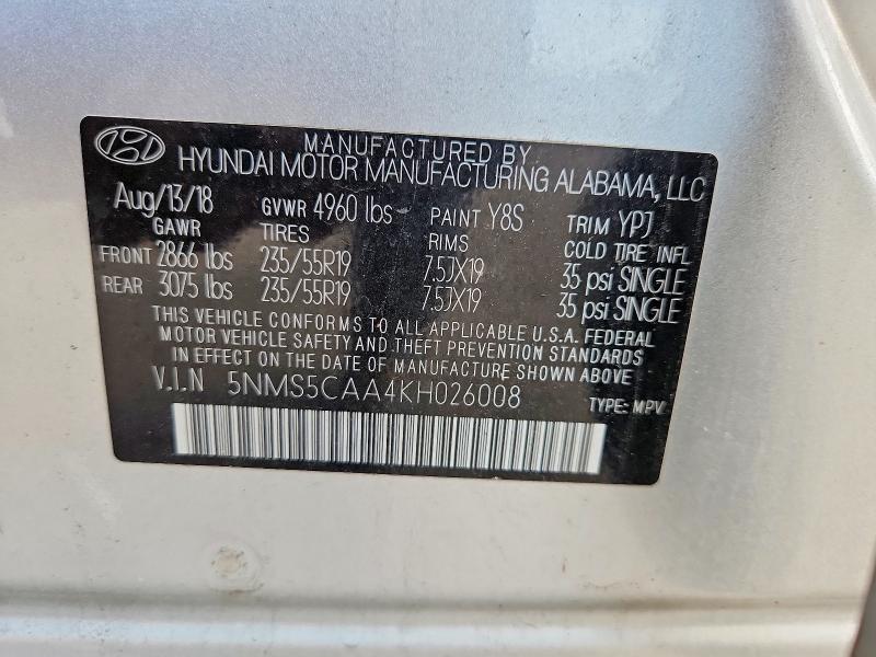 2019 Hyundai Santa Fe მანქანა იყიდება აუქციონზე, vin: 5NMS5CAA4KH026008, აუქციონის ნომერი: 67471856