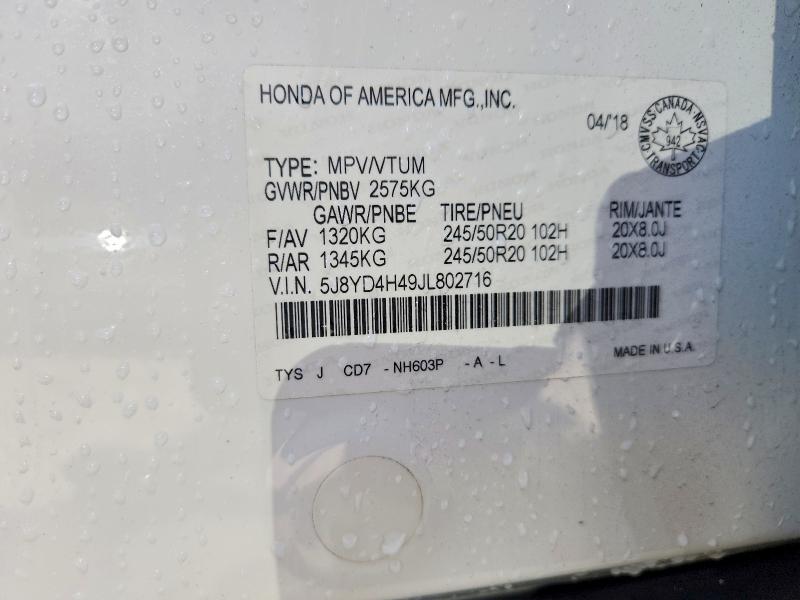 Auction sale of the 2018 Acura Mdx, vin: 5J8YD4H49JL802716, lot number: 67566696