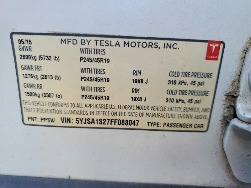 2015 Tesla Model S მანქანა იყიდება აუქციონზე, vin: 5YJSA1S27FF088047, აუქციონის ნომერი: 67783786
