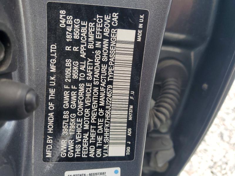 Продаж на аукціоні авто 2018 Honda Civic, vin: SHHFK7H56JU224579, номер лоту: 68487176