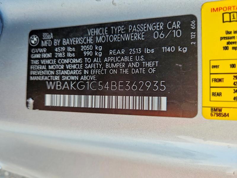 2011 Bmw 335 მანქანა იყიდება აუქციონზე, vin: WBAKG1C54BE362935, აუქციონის ნომერი: 67839086