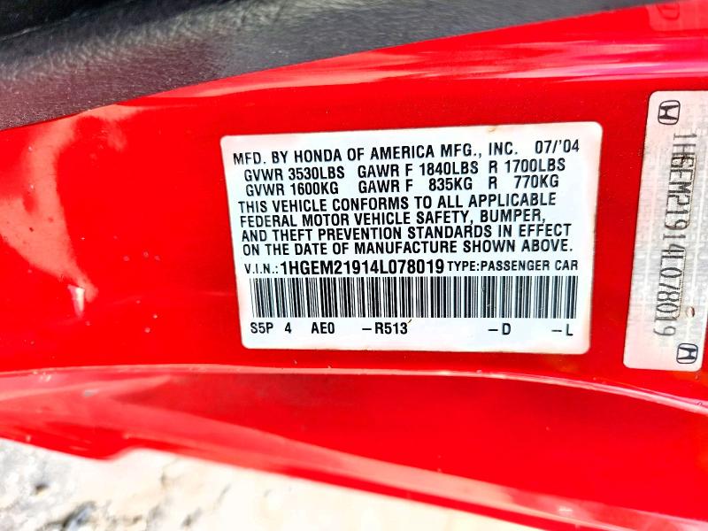 2004 Honda Civic მანქანა იყიდება აუქციონზე, vin: 1HGEM21914L078019, აუქციონის ნომერი: 68633426