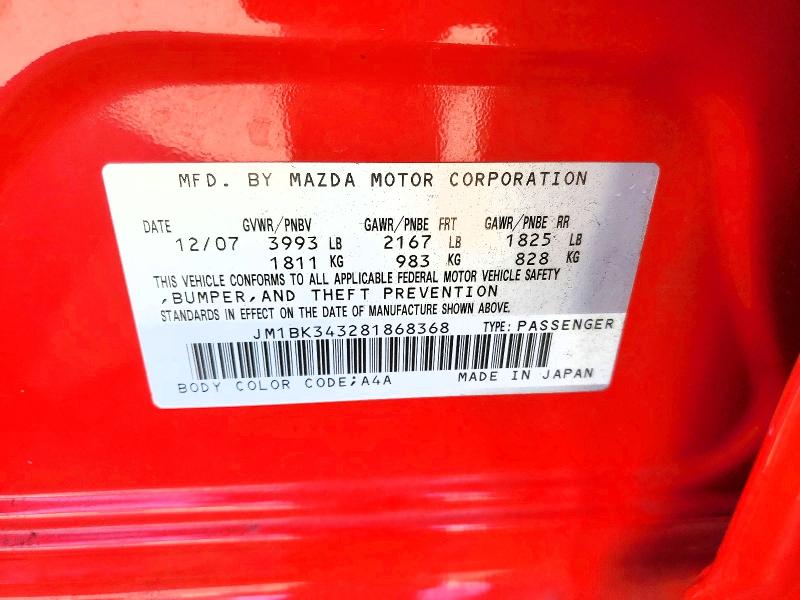 2008 Mazda 3 მანქანა იყიდება აუქციონზე, vin: JM1BK343281868368, აუქციონის ნომერი: 68263906