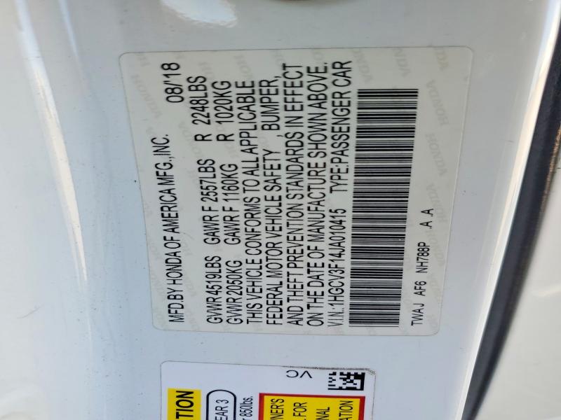 Продаж на аукціоні авто 2018 Honda Accord, vin: 1HGCV3F14JA010415, номер лоту: 69244146