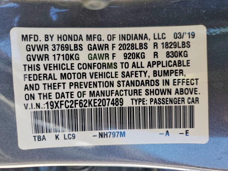 Aukcja sprzedaży 2019 Honda Civic, vin: 19XFC2F62KE207489, numer aukcji: 68449546
