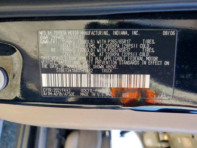 68506096 :رقم المزاد ، 5TBET34166S543482 vin ، 2006 Toyota Tundra مزاد بيع