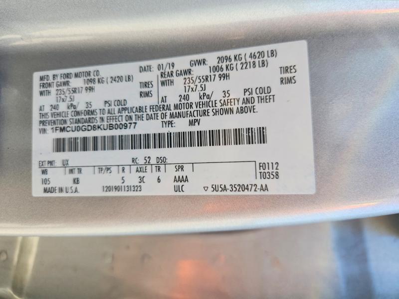 2019 Ford Escape მანქანა იყიდება აუქციონზე, vin: 1FMCU0GD8KUB00977, აუქციონის ნომერი: 68060286