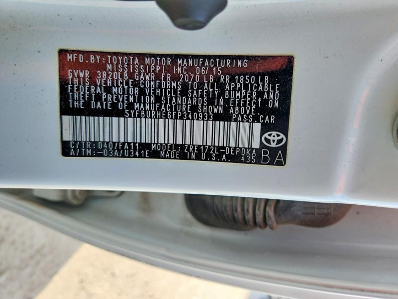 2015 Toyota Corolla მანქანა იყიდება აუქციონზე, vin: 5YFBURHE6FP340933, აუქციონის ნომერი: 70112626