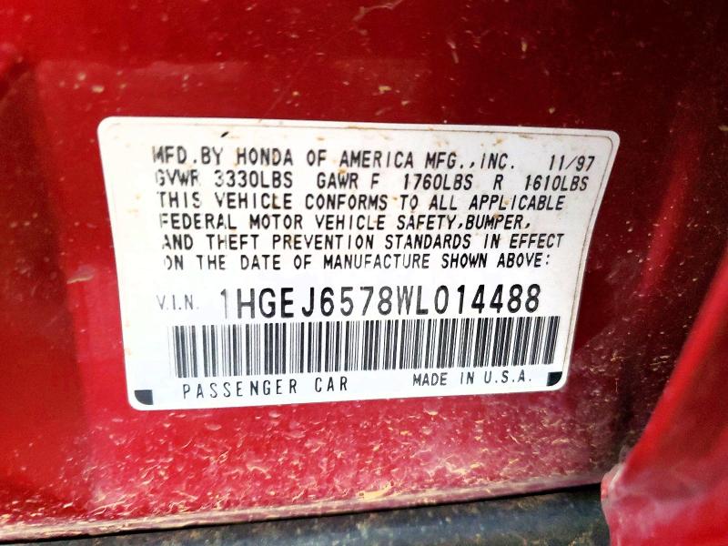 1998 Honda Civic მანქანა იყიდება აუქციონზე, vin: 1HGEJ6578WL014488, აუქციონის ნომერი: 69869866