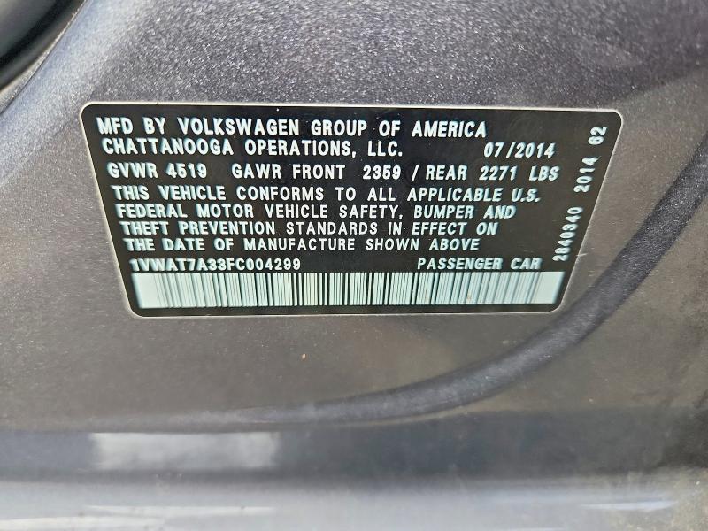 Auction sale of the 2015 Volkswagen Passat, vin: 1VWAT7A33FC004299, lot number: 69537456