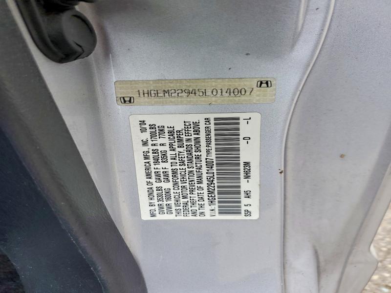 2005 Honda Civic მანქანა იყიდება აუქციონზე, vin: 1HGEM22945L014007, აუქციონის ნომერი: 69326346
