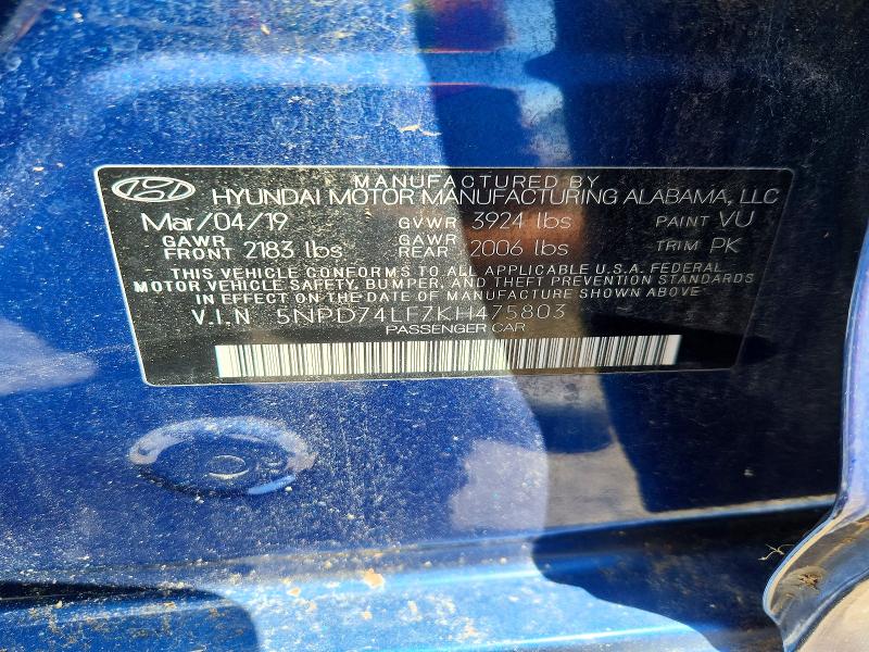 2019 Hyundai Elantra მანქანა იყიდება აუქციონზე, vin: 5NPD74LF7KH475803, აუქციონის ნომერი: 68107376