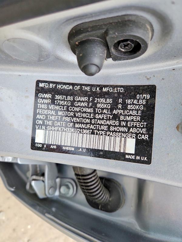 2019 Honda Civic მანქანა იყიდება აუქციონზე, vin: SHHFK7H33KU213667, აუქციონის ნომერი: 70244186