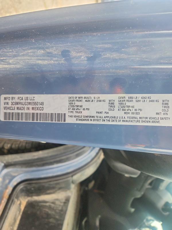 67253366 :رقم المزاد ، 3C6MRVJG3ME550149 vin ، 2021 Ram Promaster 3500 مزاد بيع