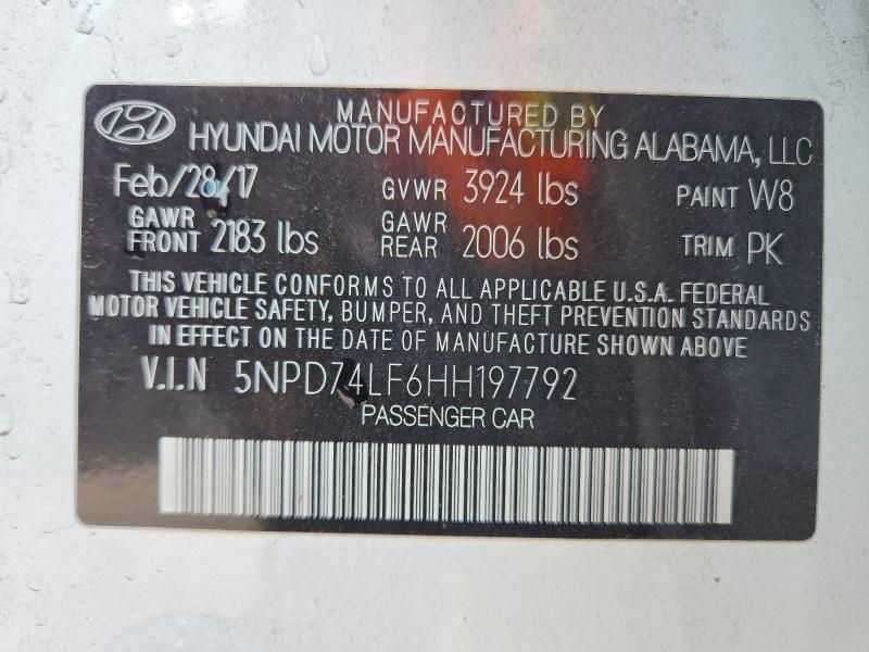 2017 Hyundai Elantra მანქანა იყიდება აუქციონზე, vin: 5NPD74LF6HH197792, აუქციონის ნომერი: 68948136