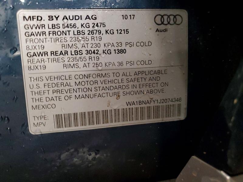 70136216 :رقم المزاد ، WA1BNAFY1J2074346 vin ، 2018 Audi Q5 مزاد بيع