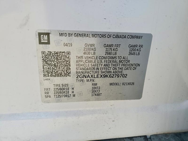 2019 Chevrolet Equinox მანქანა იყიდება აუქციონზე, vin: 2GNAXLEX9K6279702, აუქციონის ნომერი: 69300956