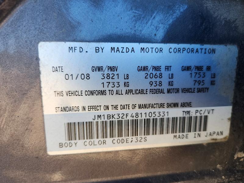 Aukcja sprzedaży 2008 Mazda 3, vin: JM1BK32F481105331, numer aukcji: 68010066