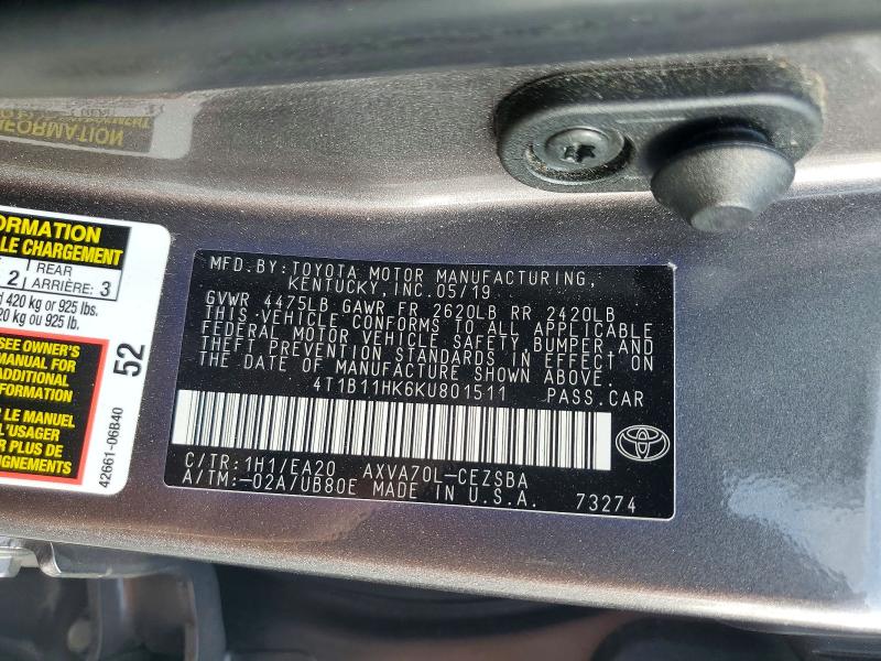 Aukcja sprzedaży 2019 Toyota Camry, vin: 4T1B11HK6KU801511, numer aukcji: 69061836