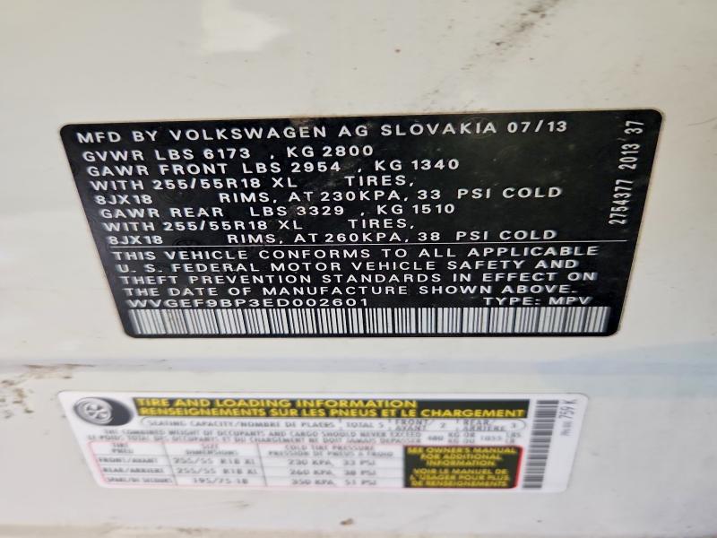 2014 Volkswagen Touareg მანქანა იყიდება აუქციონზე, vin: WVGEF9BP3ED002601, აუქციონის ნომერი: 68831686