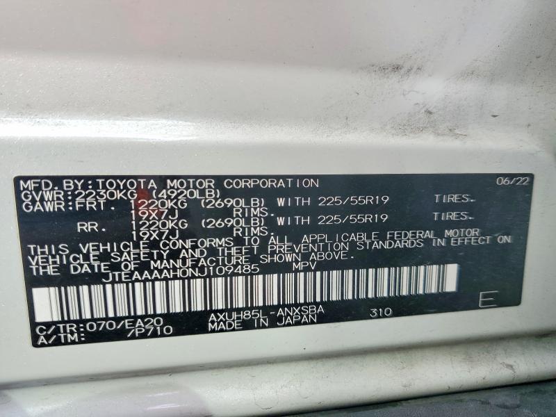 Aukcja sprzedaży 2022 Toyota Venza, vin: JTEAAAAH0NJ109485, numer aukcji: 67917016