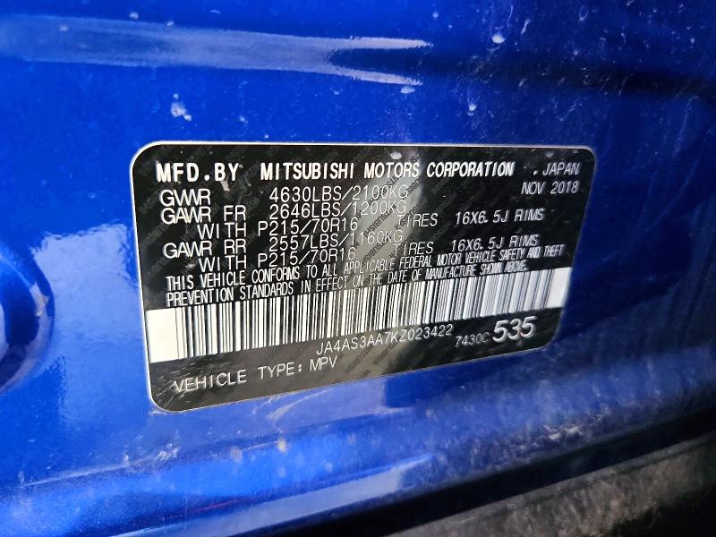 70974746 :رقم المزاد ، JA4AS3AA7KZ023422 vin ، 2019 Mitsubishi Eclipse Cross مزاد بيع