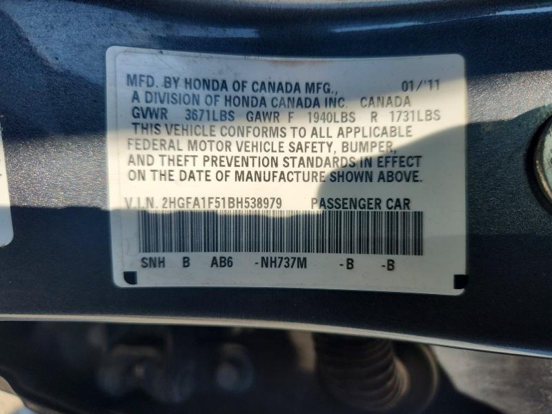 2011 Honda Civic მანქანა იყიდება აუქციონზე, vin: 2HGFA1F51BH538979, აუქციონის ნომერი: 68924566