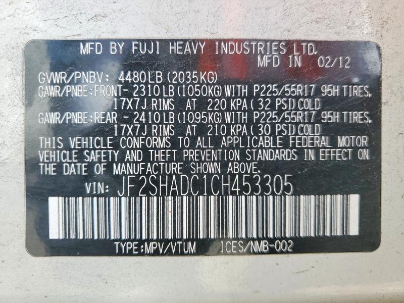 Aukcja sprzedaży 2012 Subaru Forester, vin: JF2SHADC1CH453305, numer aukcji: 67957496