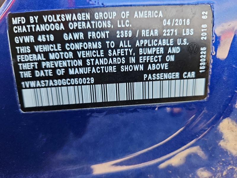 68836866 :رقم المزاد ، 1VWAS7A30GC050029 vin ، 2016 Volkswagen Passat مزاد بيع