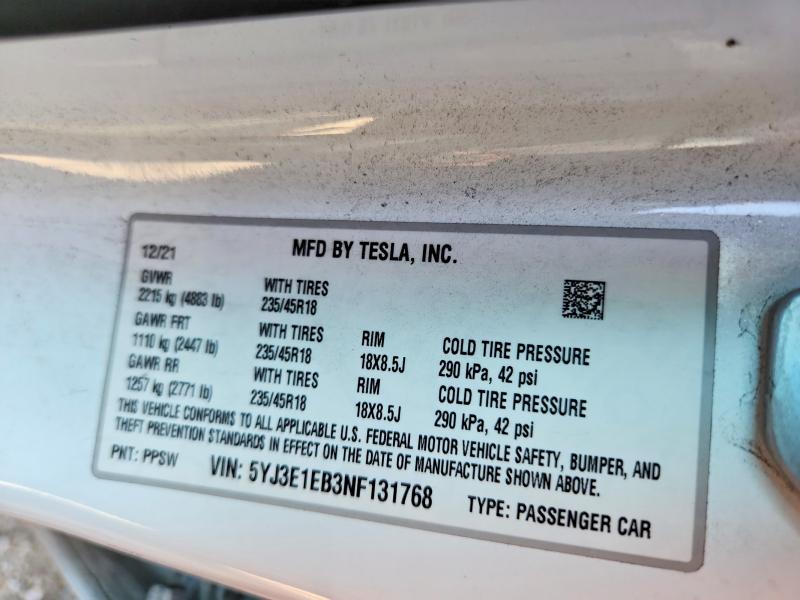 Продаж на аукціоні авто 2022 Tesla Model 3, vin: 5YJ3E1EB3NF131768, номер лоту: 53879896