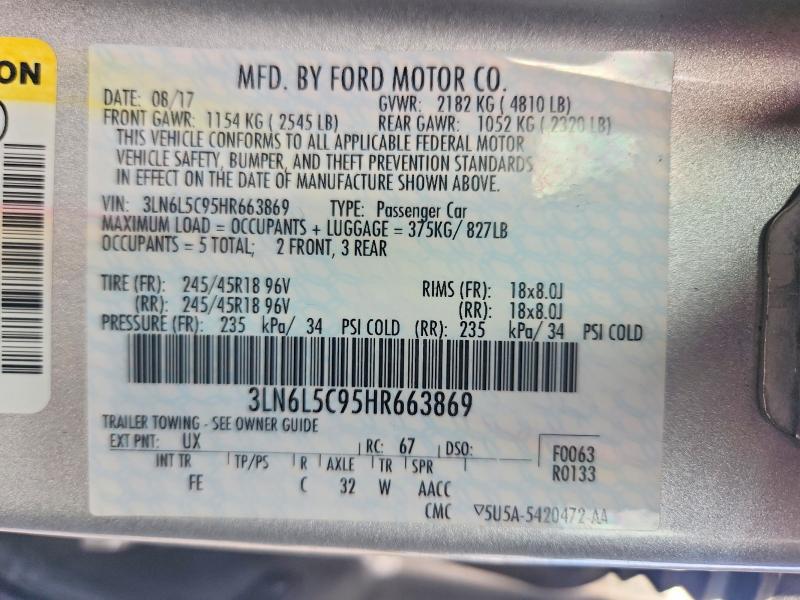 2017 Lincoln Mkz მანქანა იყიდება აუქციონზე, vin: 3LN6L5C95HR663869, აუქციონის ნომერი: 67190226