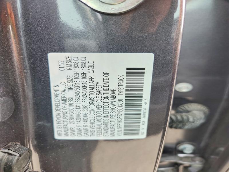 2022 Honda Ridgeline მანქანა იყიდება აუქციონზე, vin: 5FPYK3F52NB013060, აუქციონის ნომერი: 69069236