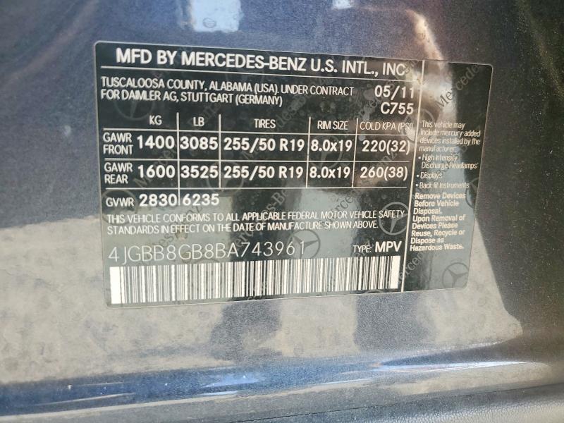 Продаж на аукціоні авто 2011 Mercedes-benz Ml, vin: 4JGBB8GB8BA743961, номер лоту: 69549056