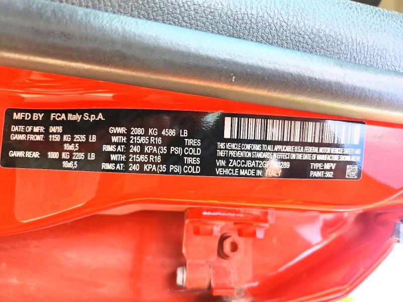 Продажа на аукционе авто 2016 Jeep Renegade, vin: ZACCJBAT2GPD60289, номер лота: 69771956