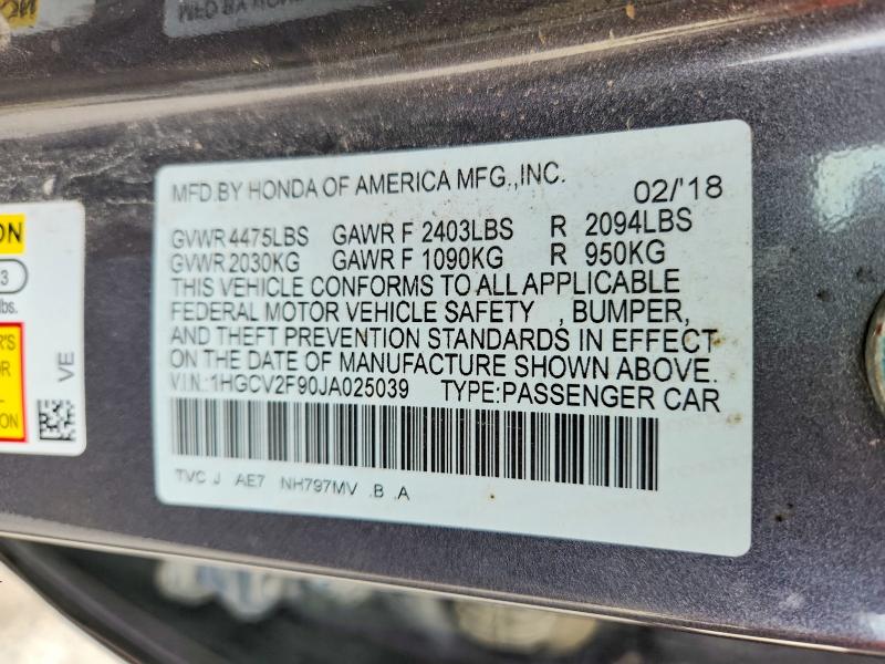 69192856 :رقم المزاد ، 1HGCV2F90JA025039 vin ، 2018 Honda Accord مزاد بيع