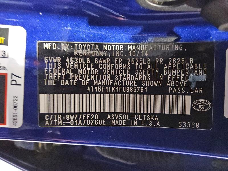 2015 Toyota Camry მანქანა იყიდება აუქციონზე, vin: 4T1BF1FK1FU885781, აუქციონის ნომერი: 66231586
